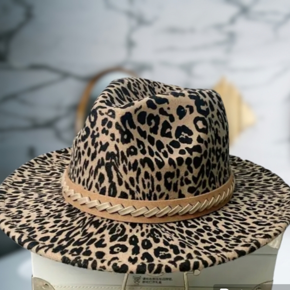 Classic Leopard Print Fedora Cap Braided Belt NWOT Jazz Hats Adjustable *HP* - Picture 4 of 8
